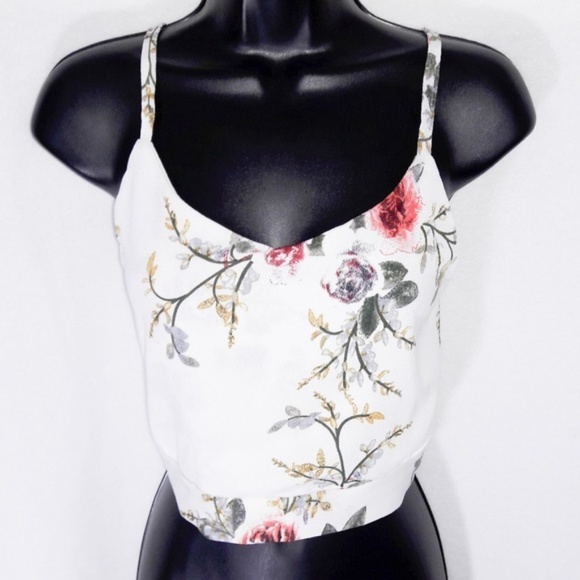 White & Pink Floral Tie Waist Sleeveless Crop Top - Picture 3 of 8